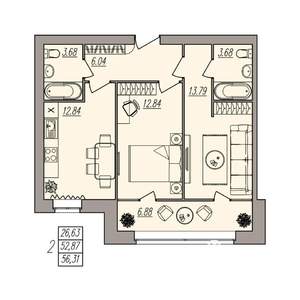 2-к квартира, вторичка, 56м2, 1/3 этаж