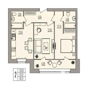2-к квартира, вторичка, 56м2, 2/3 этаж