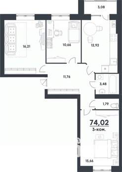 3-к квартира, строящийся дом, 74м2, 4/4 этаж
