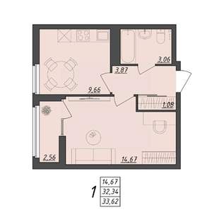 1-к квартира, вторичка, 34м2, 6/10 этаж
