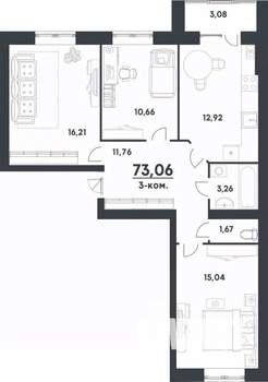 3-к квартира, строящийся дом, 73м2, 3/4 этаж