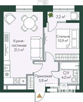 1-к квартира, вторичка, 44м2, 7/24 этаж